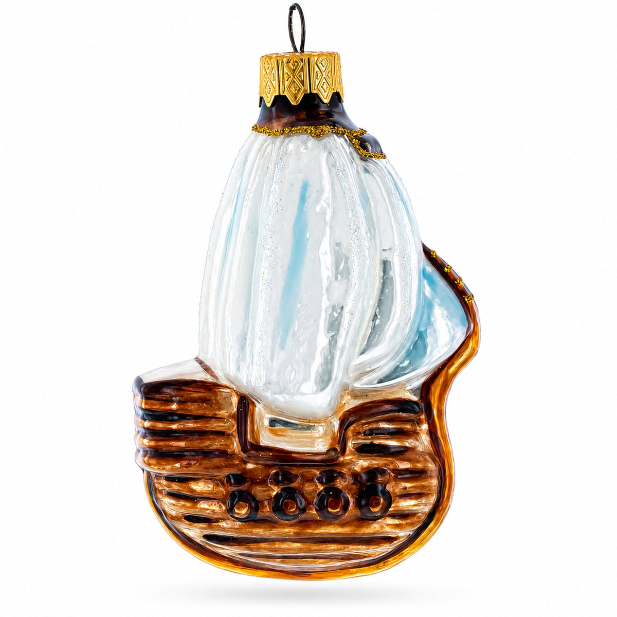 a glass ornament with a white and brown object
