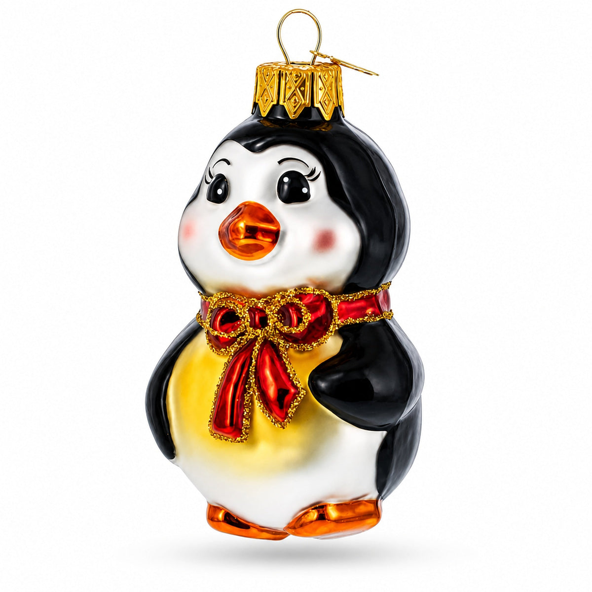 a penguin ornament with a bow