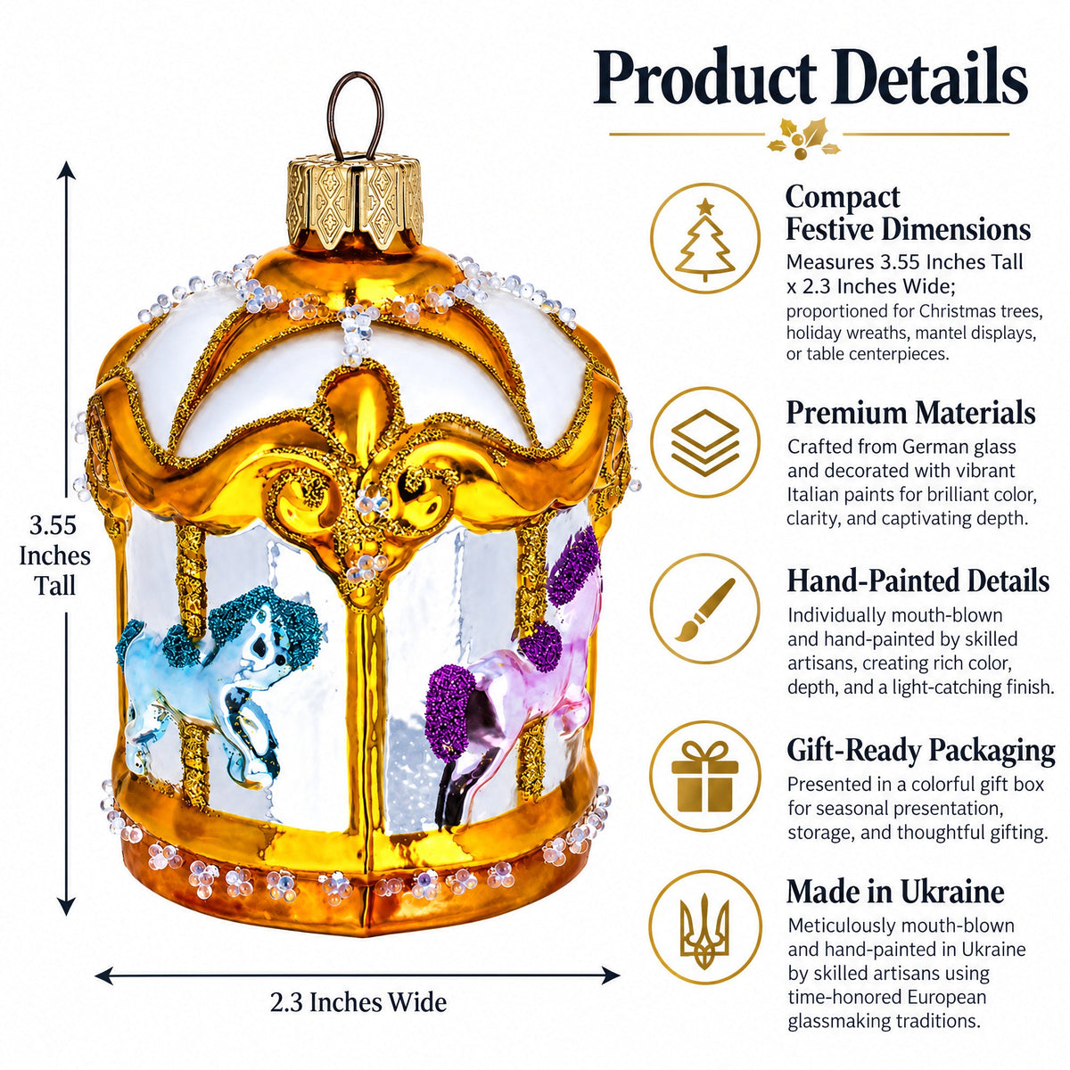 Golden Carousel Glass Christmas Ornament