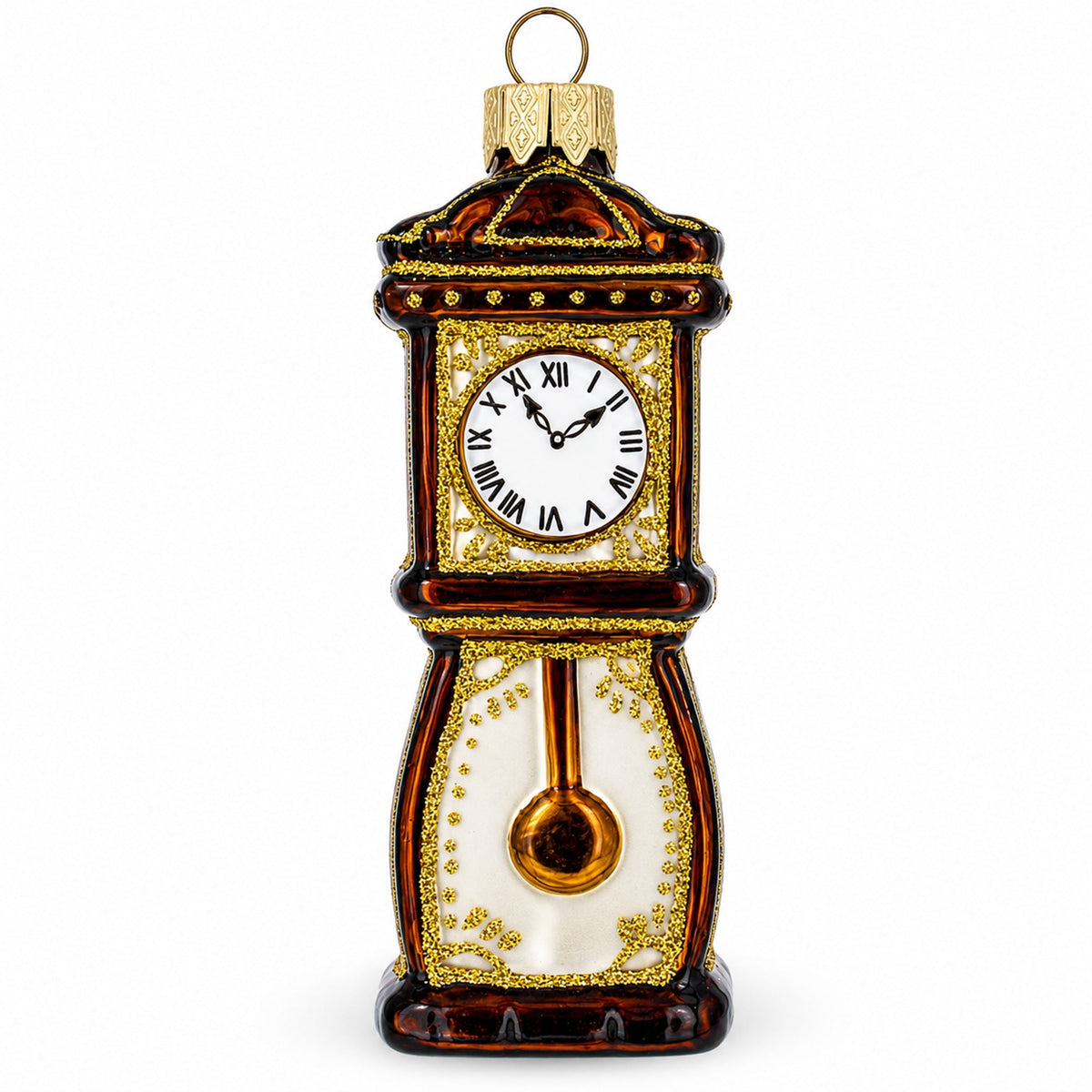 a clock on a christmas ornament