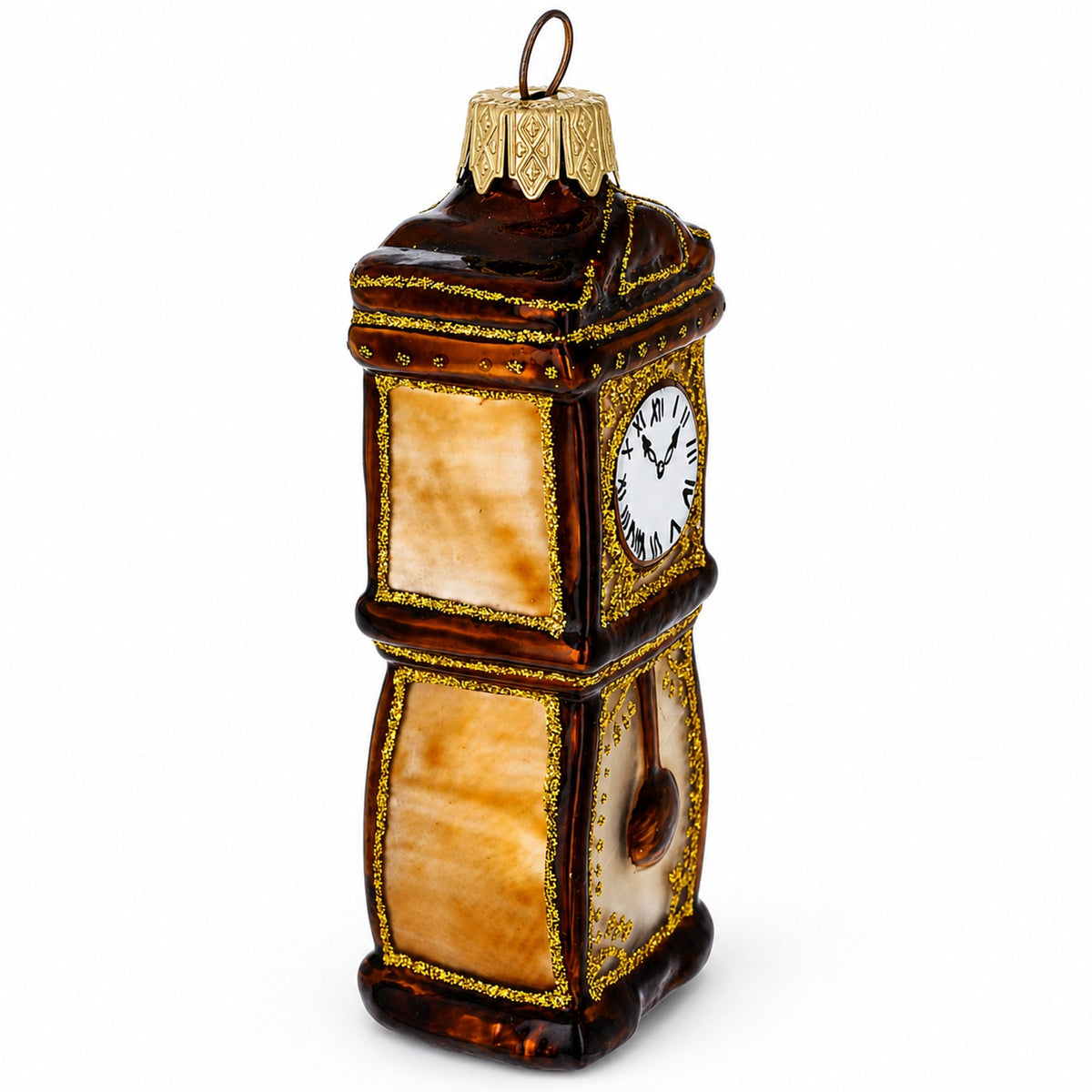 a christmas ornament with a clock