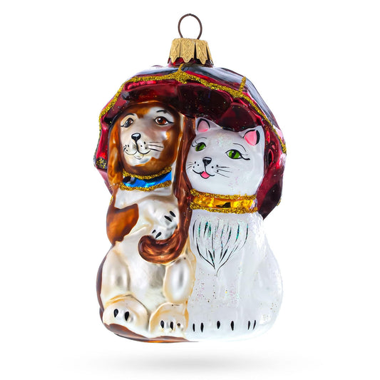 Best Friends Cat and Dog Under Umbrella Glass Christmas Ornament