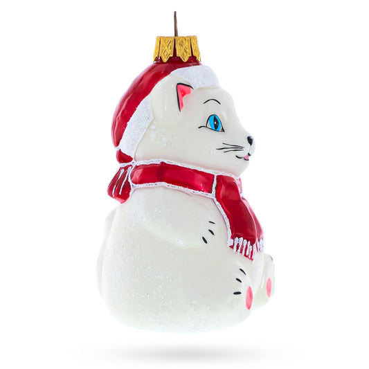 White Cat with Red Scarf Glass Christmas Ornament