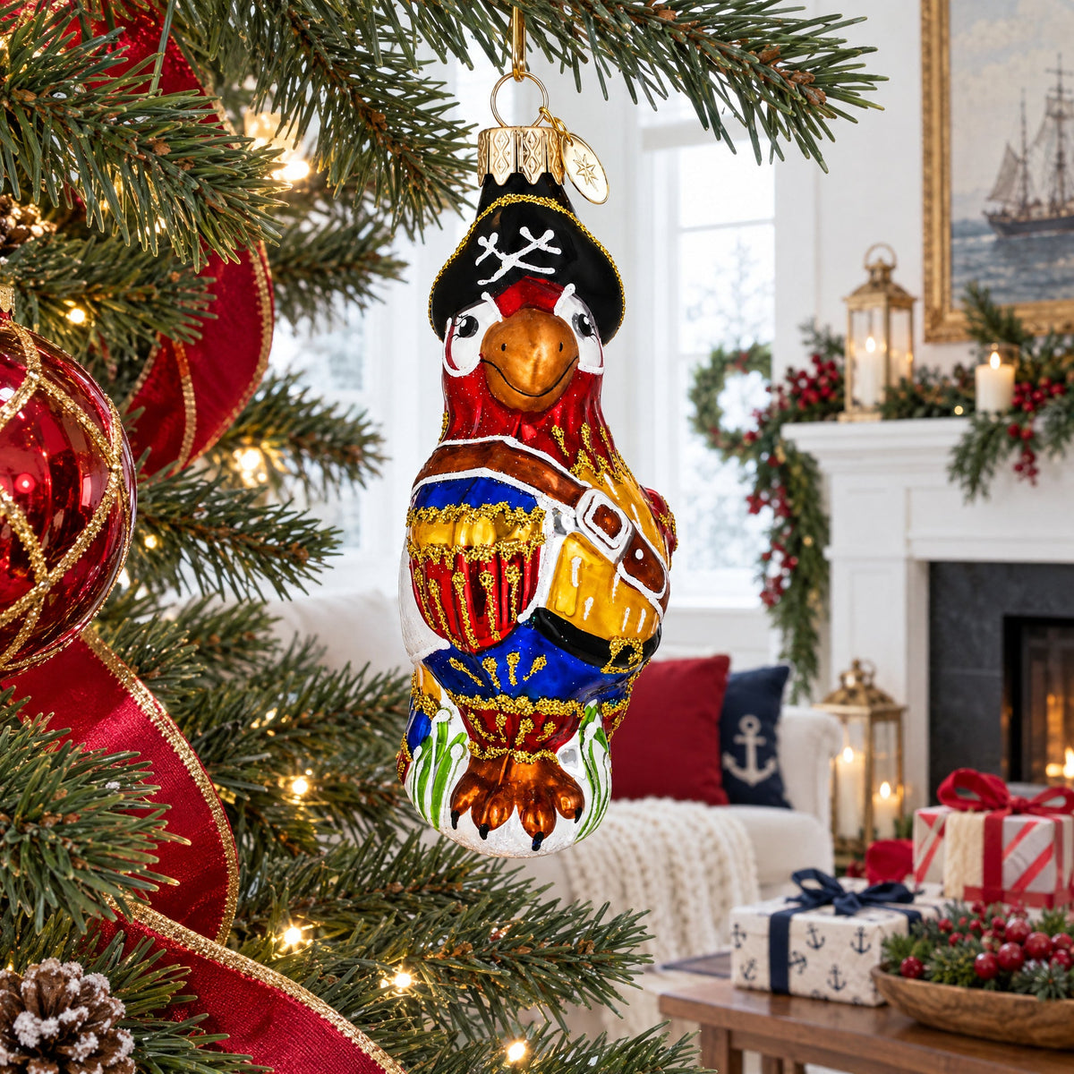 Pirate Parrot Glass Christmas Ornament