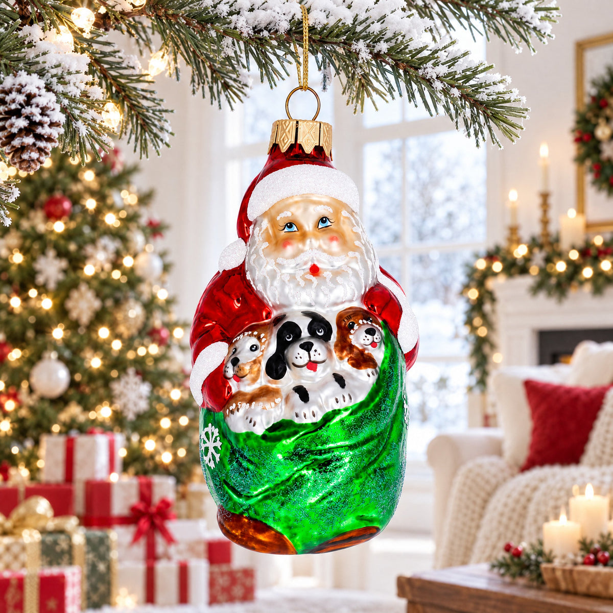 Santa with 3 Puppies Glass Christmas Ornament