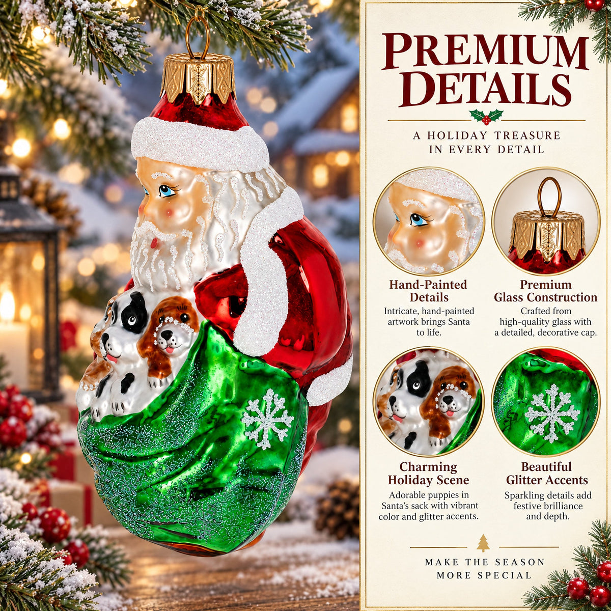 Santa with 3 Puppies Glass Christmas Ornament