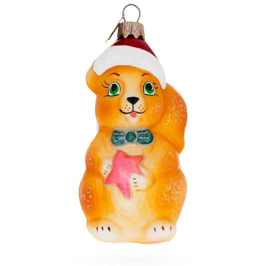 Santa Hat Squirrel Holding Star Glass Christmas Ornament