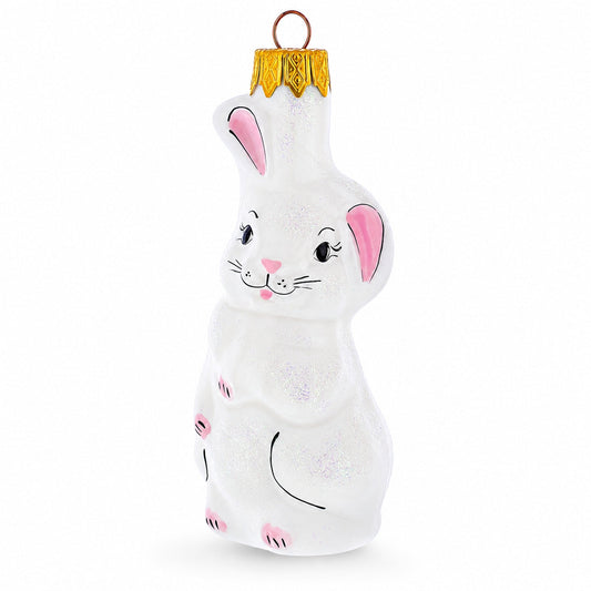 Whimsical White Bunny with Pink Ears Glass Christmas Ornament