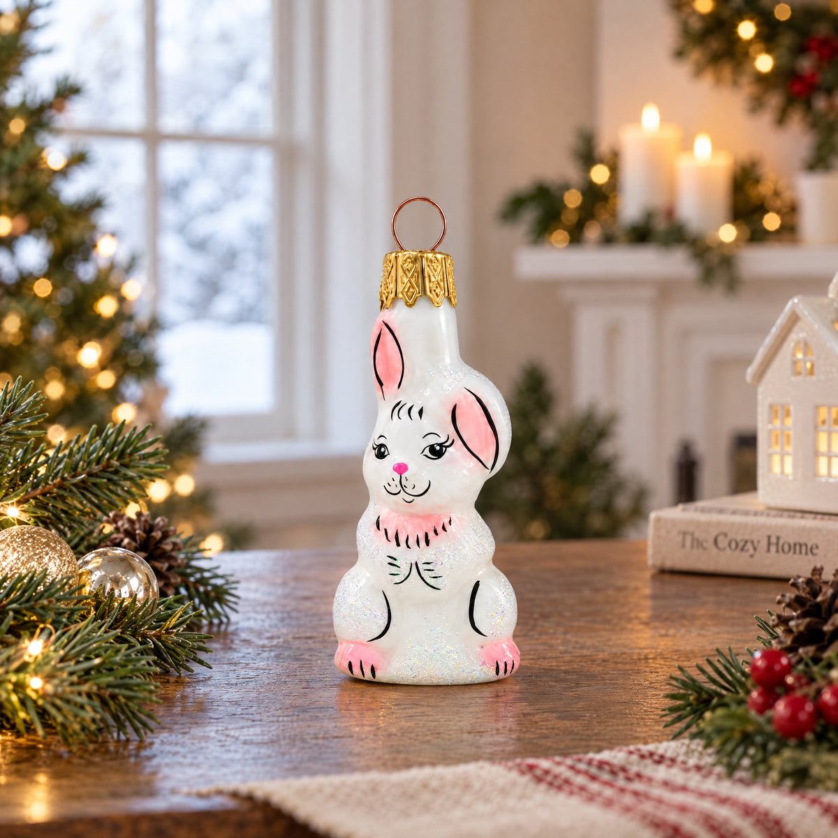 Whimsical White Rabbit with Pink Ears Glass Christmas Ornament
