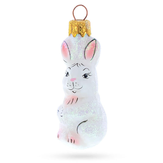 Tall Ear White Bunny Glass Christmas Ornament