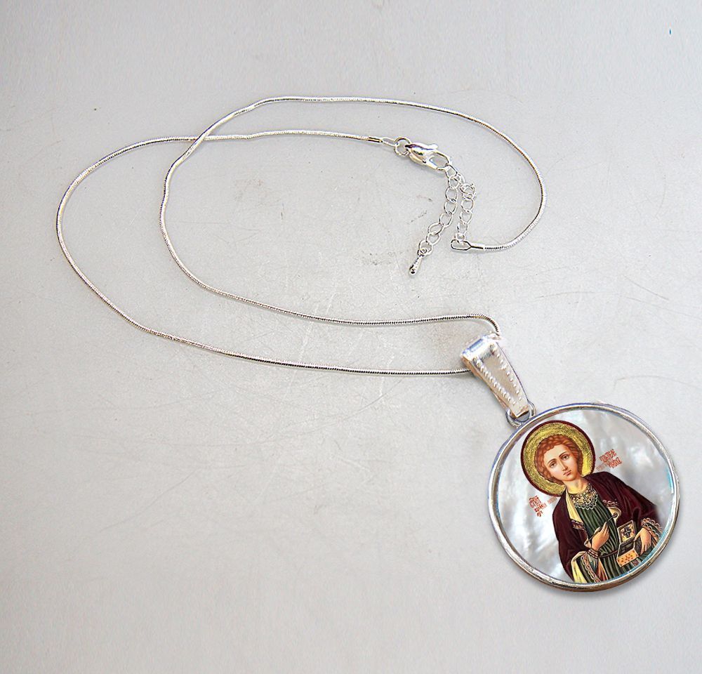 Saint Panteleimon Silver Plated Mother of Pearl Necklace - 43023