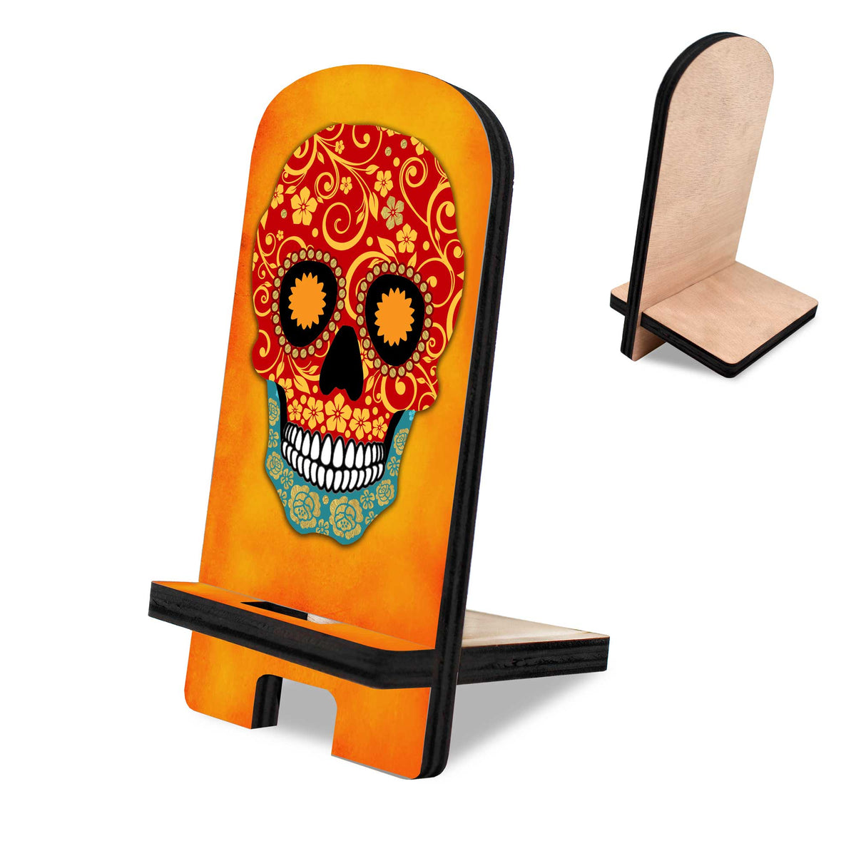 The Skull Cell Phone Stand Halloween Decor Wood Mobile Tablet Holder Charging Station Organizer - 892031