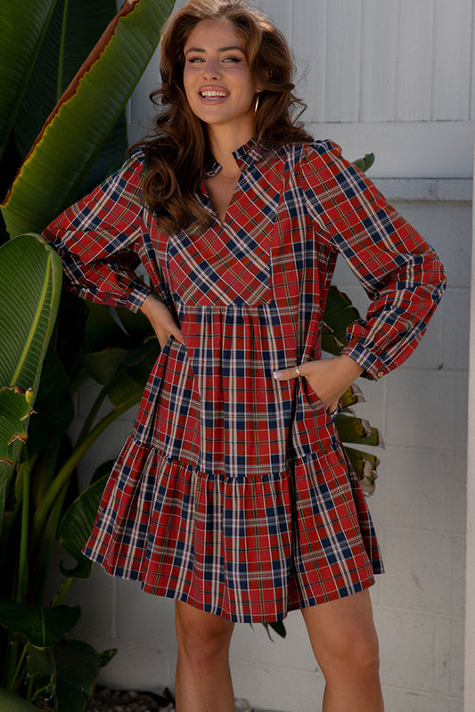 Red Plaid Print Frilly Collar Long Sleeve Shift Mini Dress