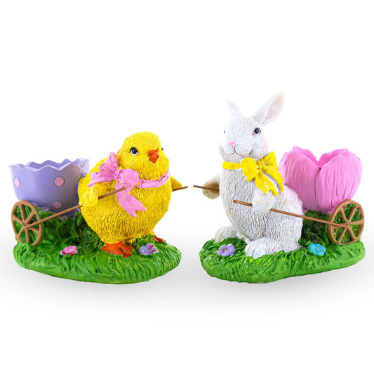 Set of 2 Easter Bunny and Chick Figurine Set - 5" Spring Egg Holder Decor