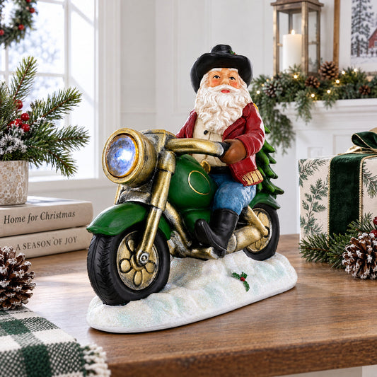 Cowboy Santa Riding Motorcycle LED Figurine - 8.5" Resin Christmas Decor