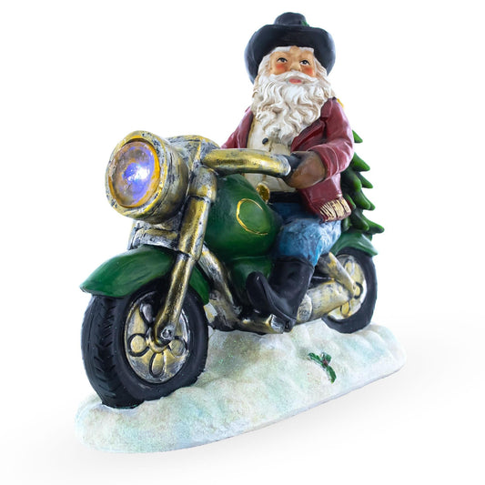 Cowboy Santa Riding Motorcycle LED Figurine - 8.5" Resin Christmas Decor