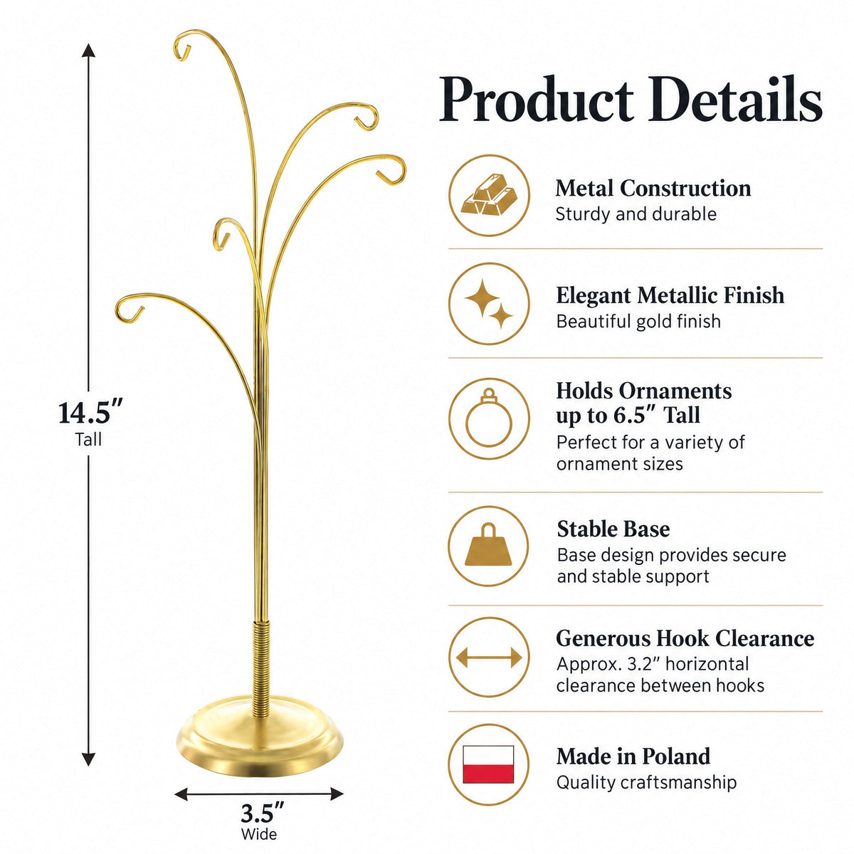 5-Arm Scroll Tree Branches Gold Metal Ornament Display Stand 14.5 Inches