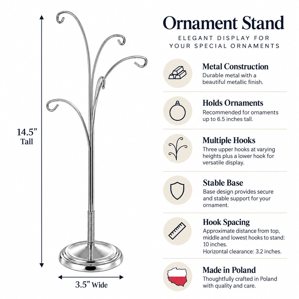 5-Arm Scroll Tree Branches Silver Metal Ornament Display Stand 14.5 Inches