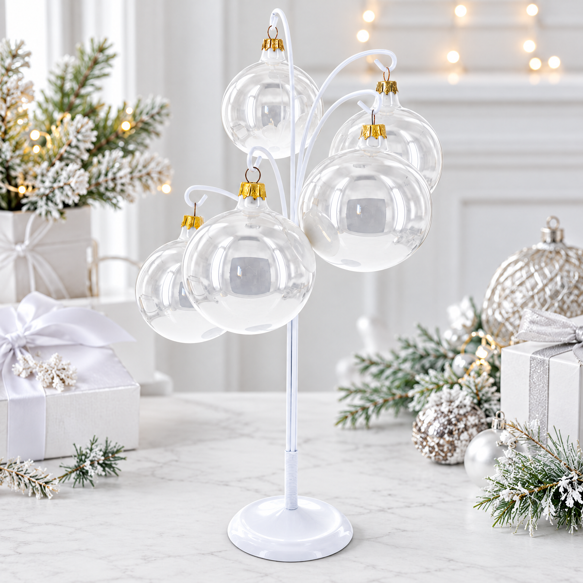 5-Arm Scroll Tree Branches White Painted Metal Ornament Display Stand 14.5 Inches