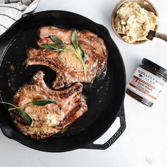 a pan of meat and a bowl of mashed potatoes