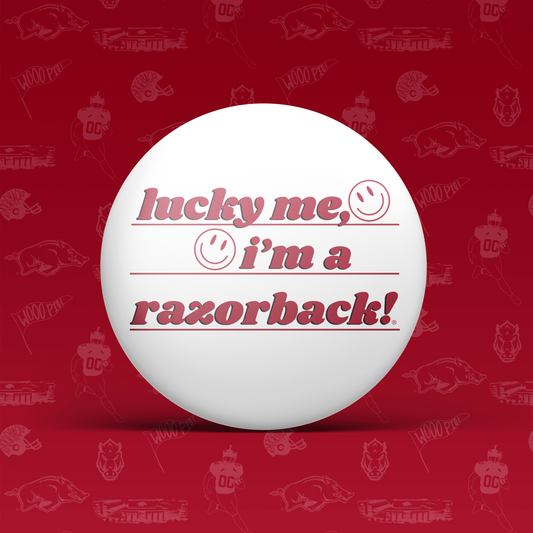 a white ball with red text on it