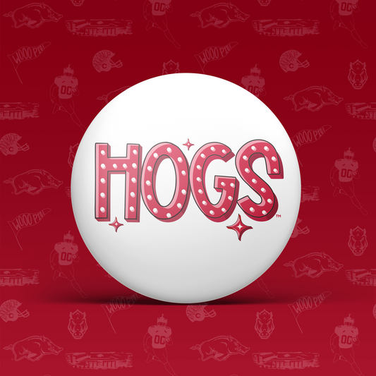 a white ball with red letters on it