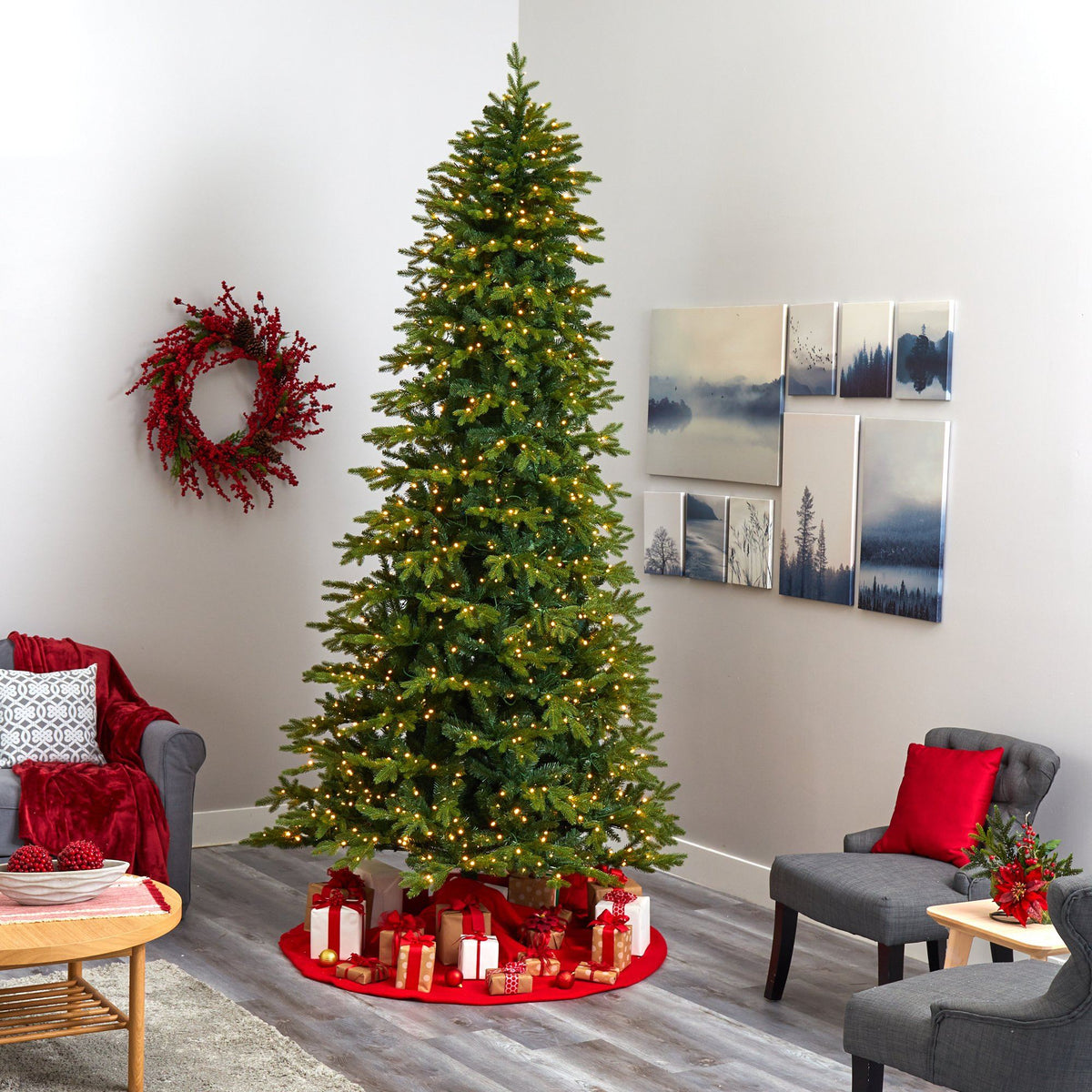 a christmas tree in a room