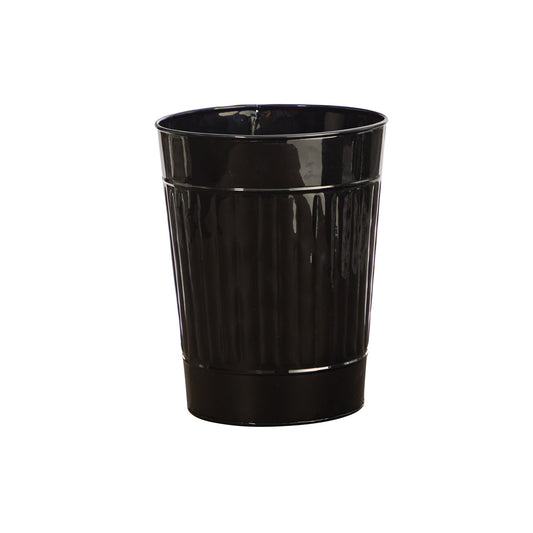 a black plastic cup with a white background
