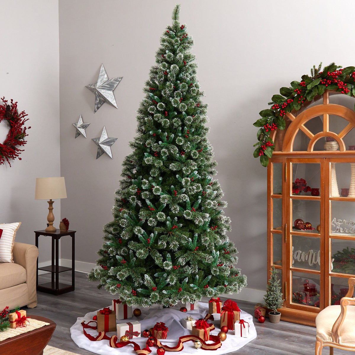 a christmas tree in a room