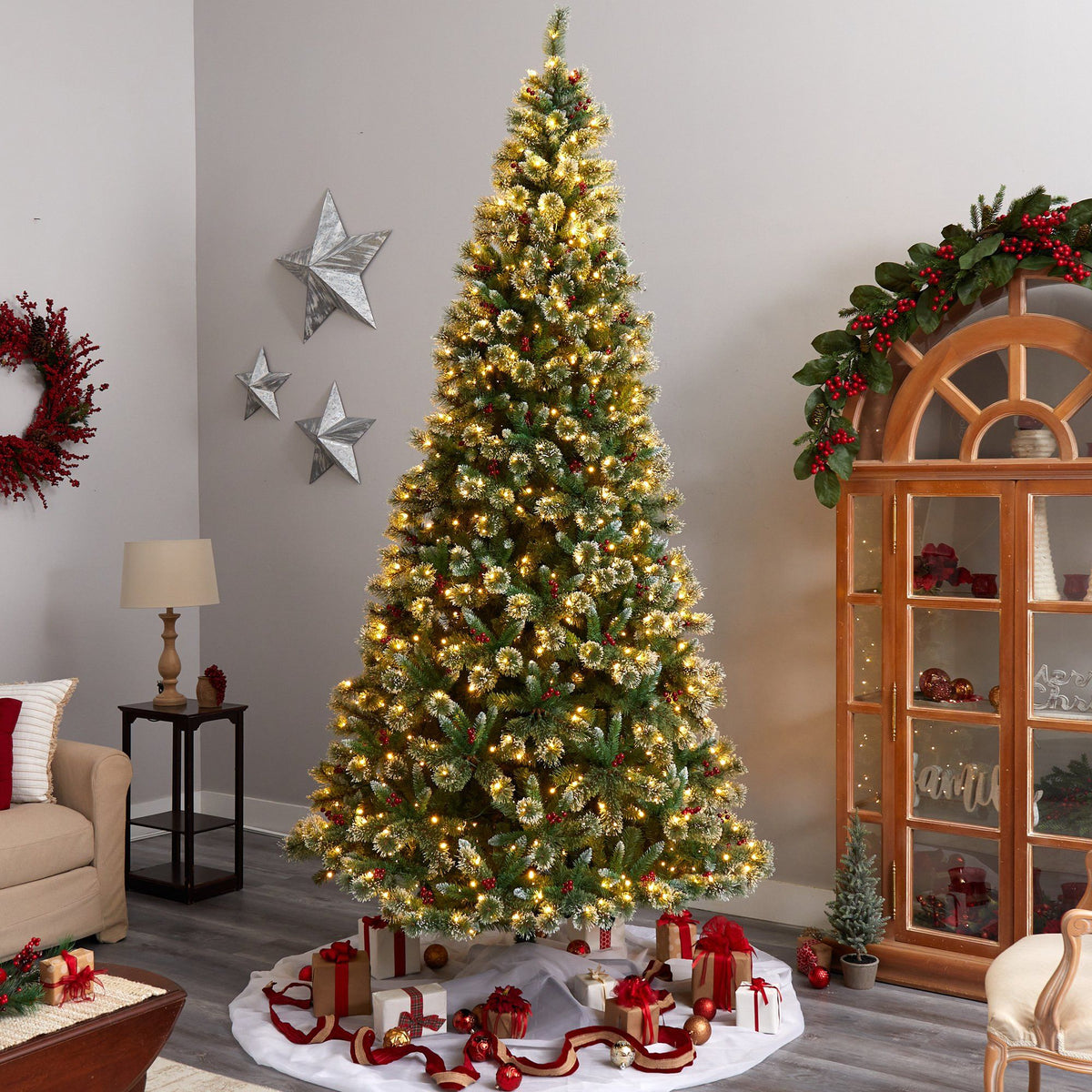 a christmas tree in a room