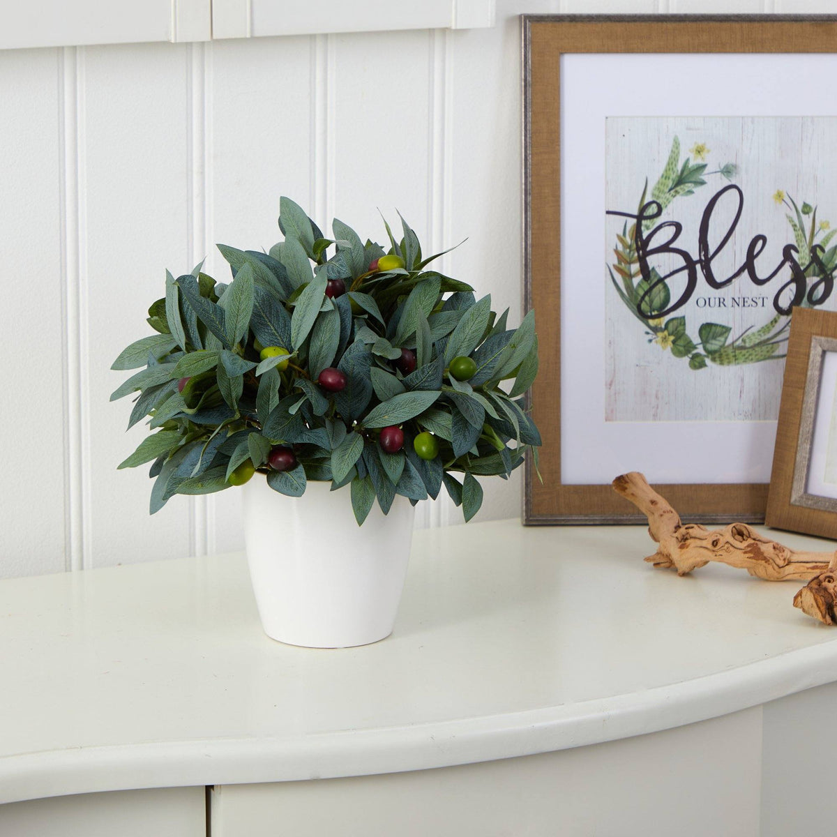 10” Olive Artificial Plant with Berries in White Planter