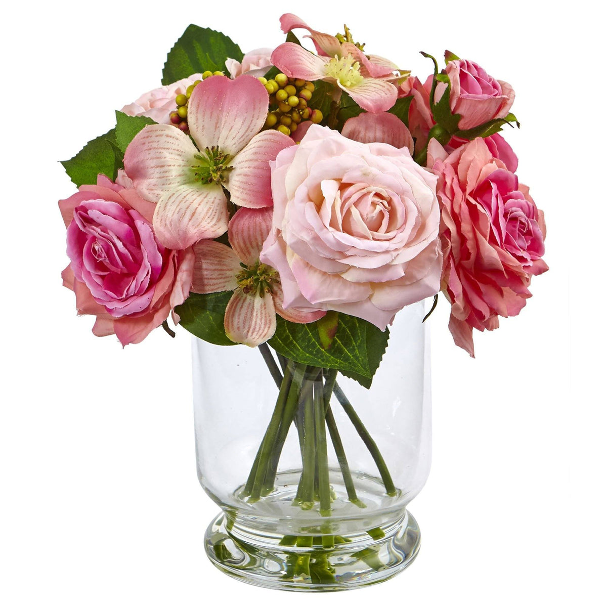 a glass vase with pink flowers