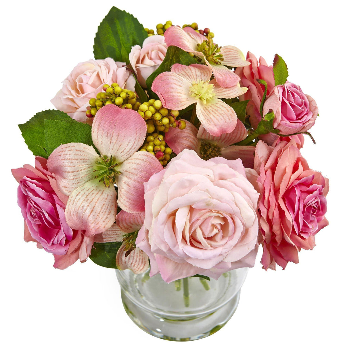 a bouquet of pink flowers in a glass vase