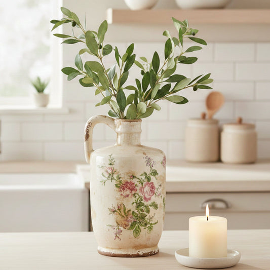 a vase with leaves in it and a candle in the background