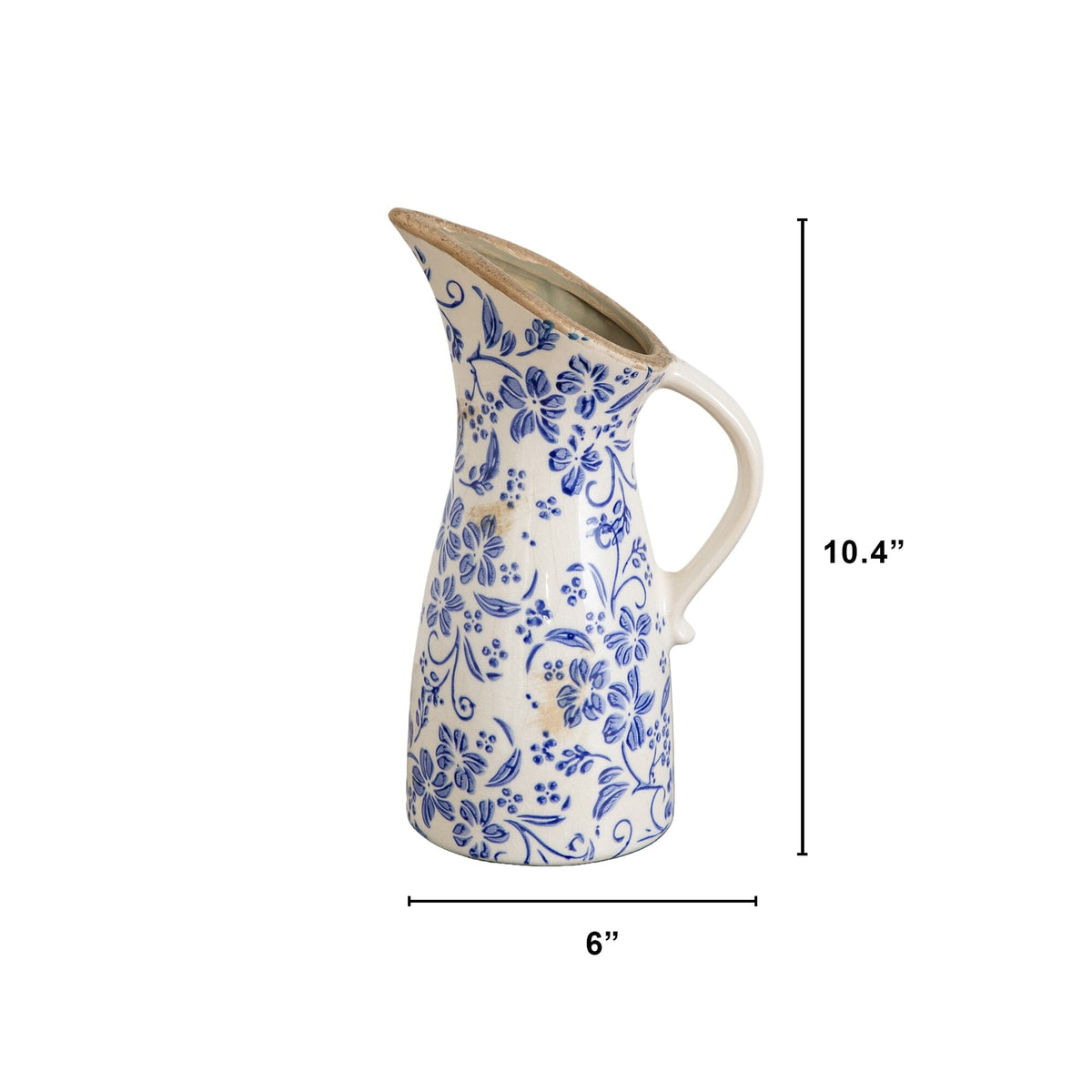 a tall white and blue pitcher with a handle