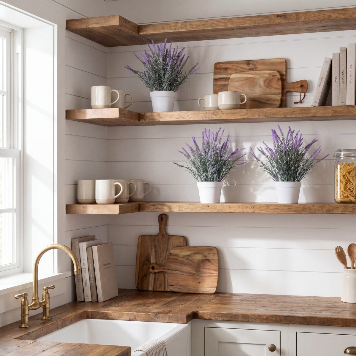 a kitchen with shelves and plants