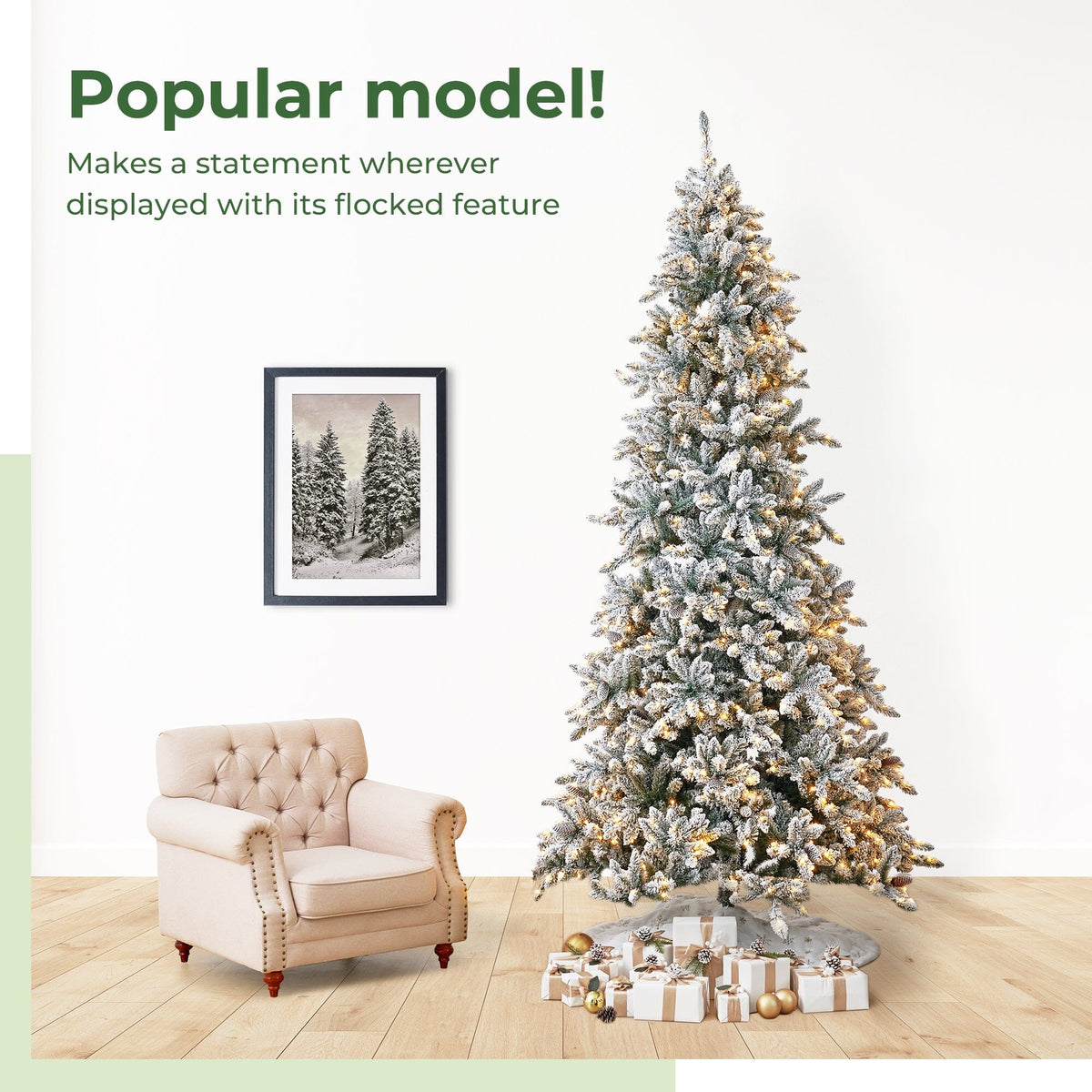 a christmas tree with presents and a chair