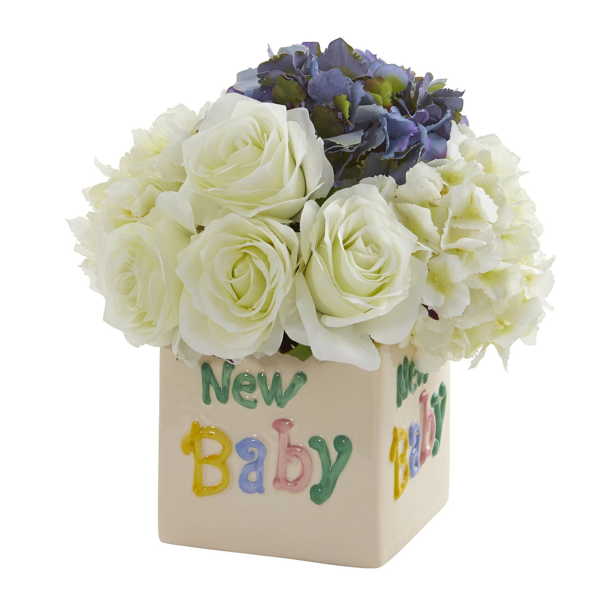 a white and purple flowers in a square vase