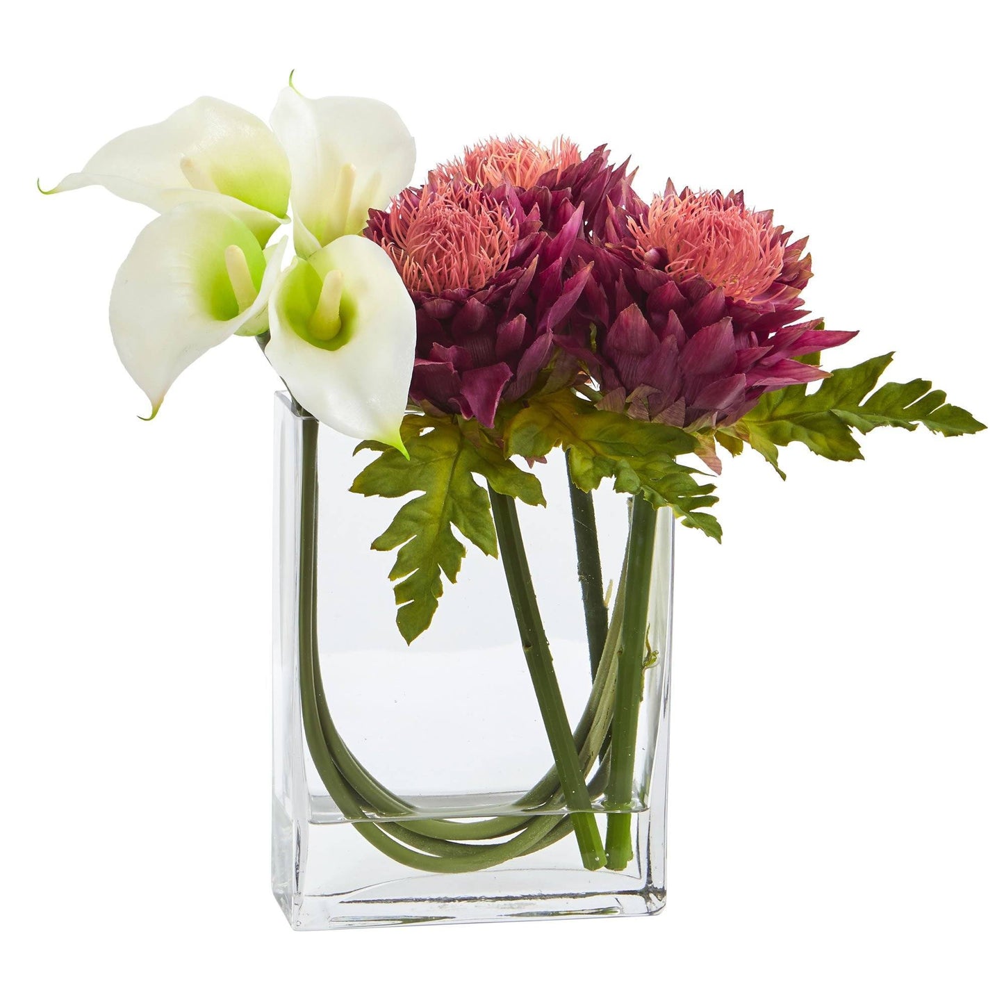 12’’ Calla Lily and Artichoke in Rectangular Glass Vase Artificial Arrangement