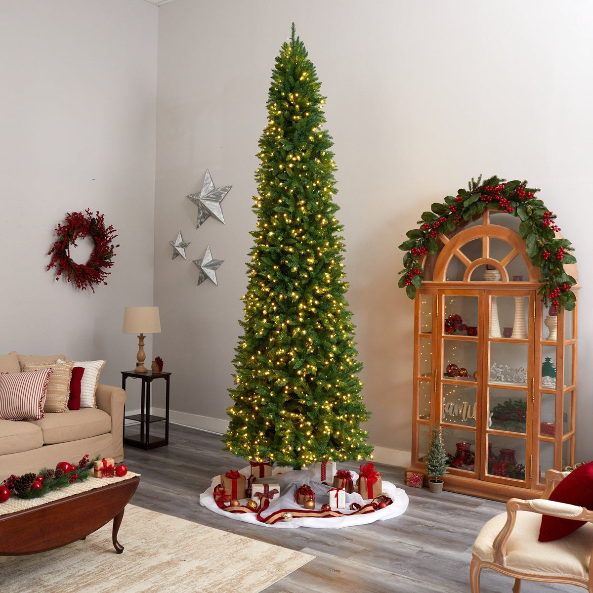 a christmas tree in a room