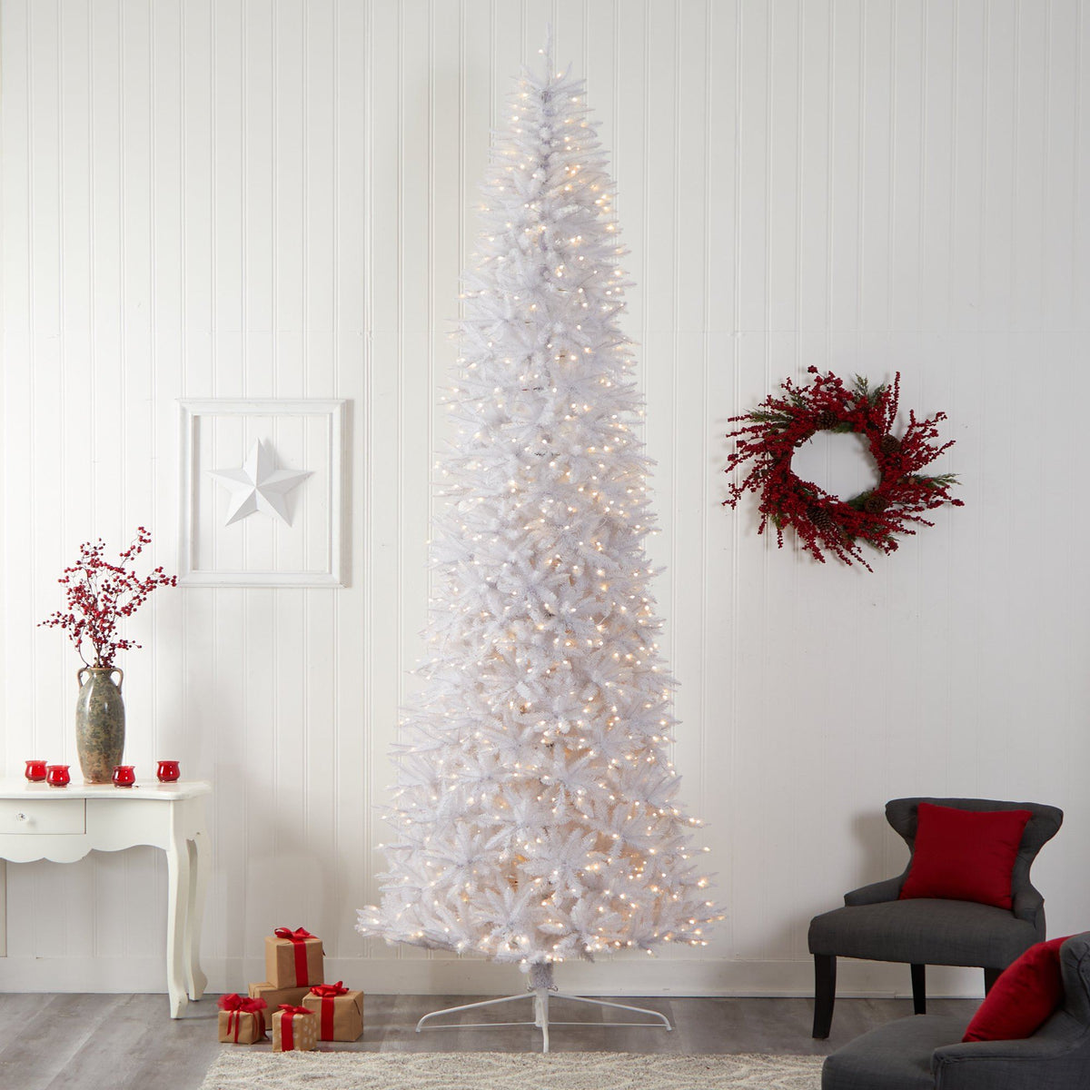 a white christmas tree in a room