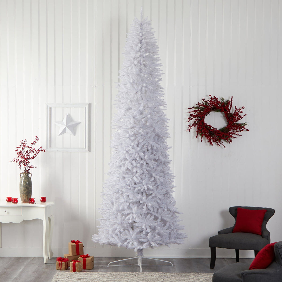 a white christmas tree in a room