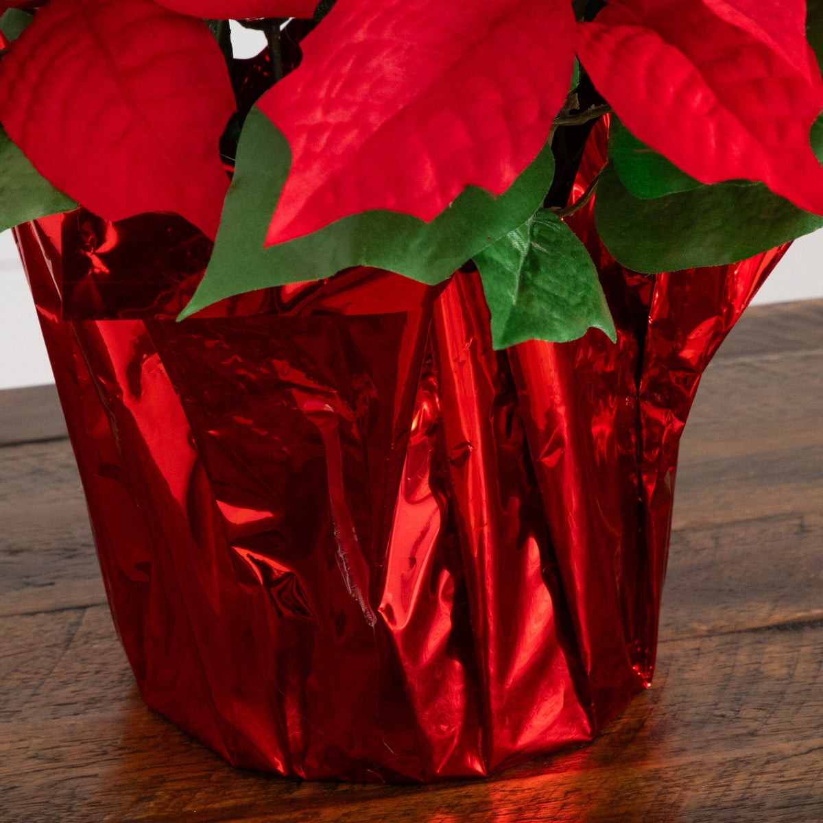 a red plant in a red foil wrapper