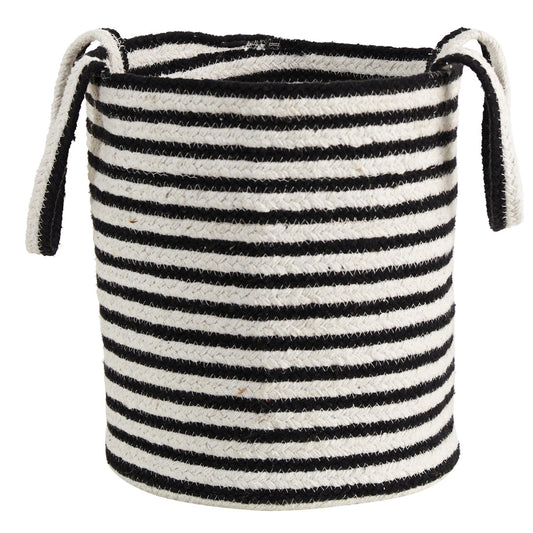 a black and white striped basket