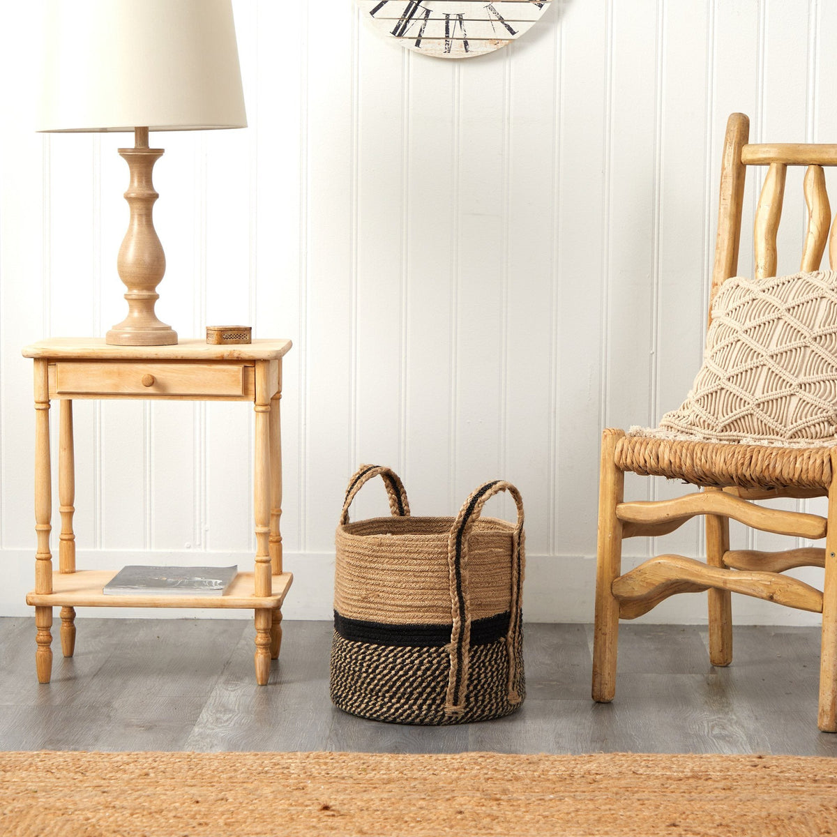 a chair and a lamp next to a table