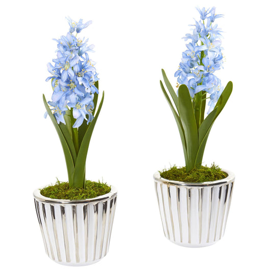 13” Hyacinth Artificial Arrangement in White Vase with Silver Trimming (Set of 2)
