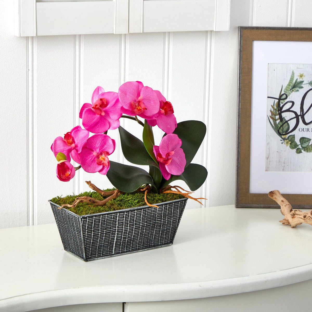 13” Phalaenopsis Orchid Artificial Arrangement in Embossed Tin Vase