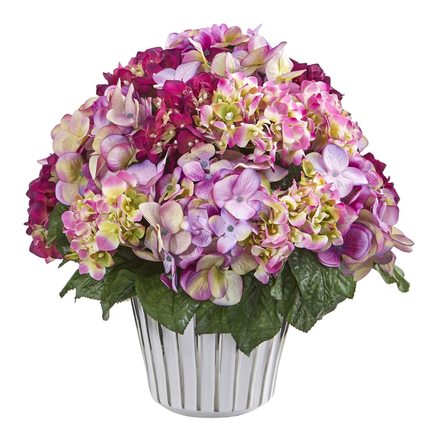 14” Hydrangea Arrangement in White Vase Silver Trimming