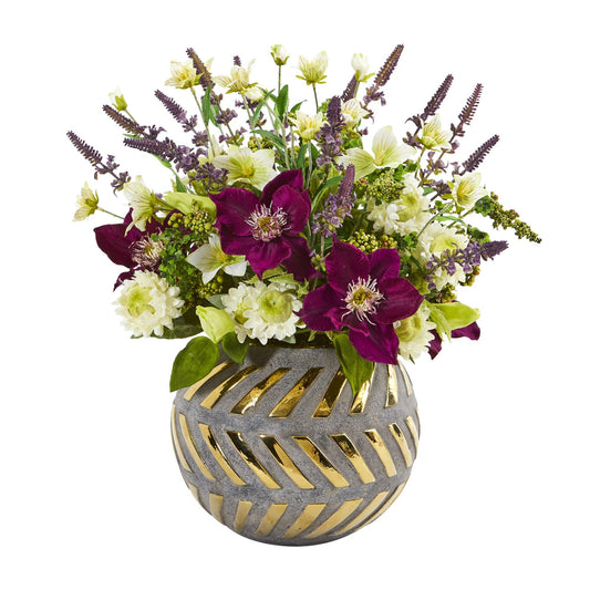 14” Mixed Artificial Flower Arrangement in Stoneware Vase with Gold Trimming