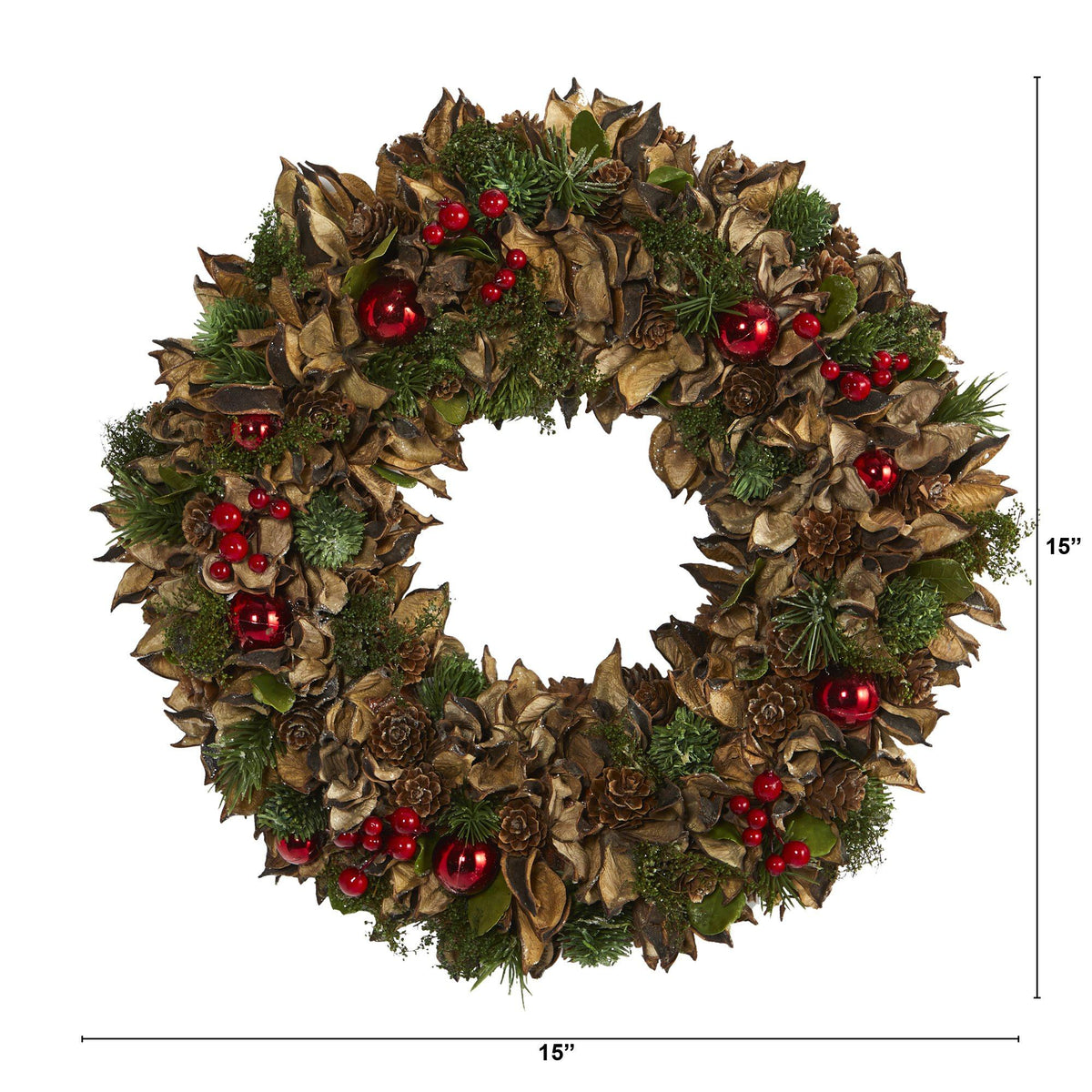 a wreath with red berries and pine cones